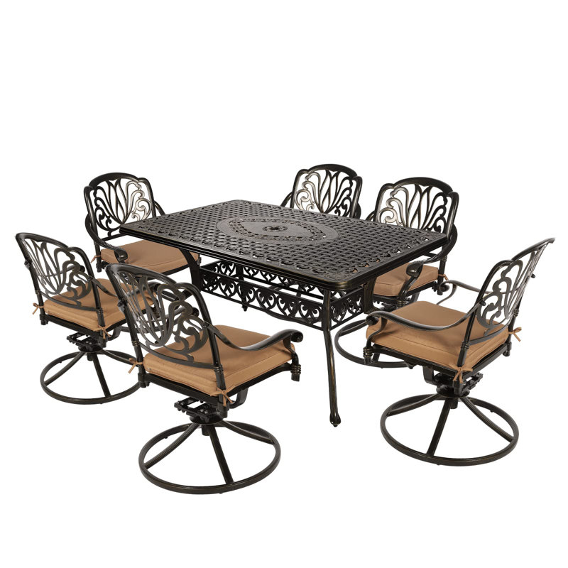 Antique Bronze 7-Piece Cast Aluminum Outdoor Dining Set with Cushions