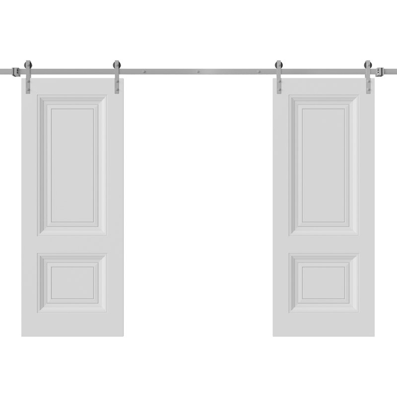 Double porte de grange | Blanc ESSENTIEL 1222 | Ensemble de rail argenté | Portes intérieures solides, 48 po x 84 po