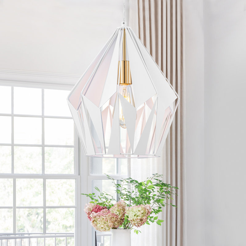 1-Light White & Gold Geometric Pendant Light, Adjustable Height 15.75"-93.7", Sloped Ceiling Compatible, E26 Socket, ETL Listed