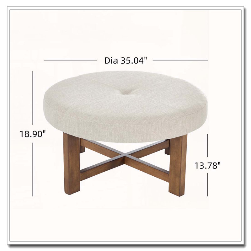 Repose-pieds rond beige en tissu avec base en bois massif, Beige, naturel