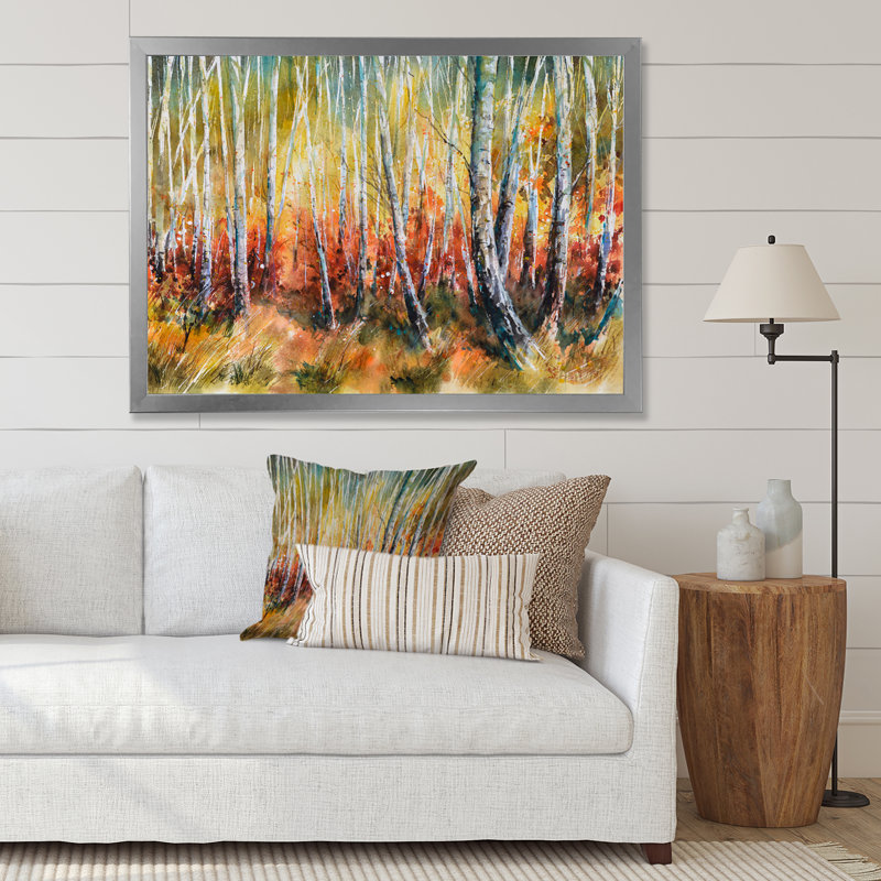 «White Birches in Dense Autumn Forest», reproduction sur toile, H 34 po x l 44 po x P 1,5 po, Cadre photo argenté