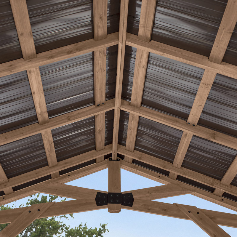 Backyard Discovery Norwood 10' x 10' Cedar Wood Outdoor Patio Gazebo with Hardtop Galvanized Steel Peak Roof and PowerPort