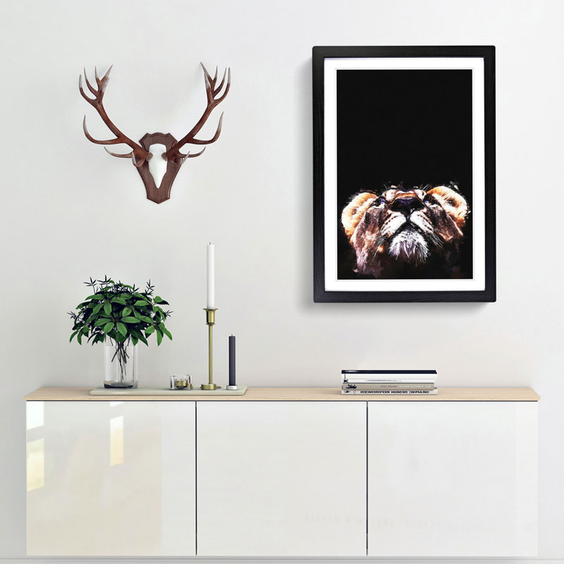 Lion Looking Upwards in Abstract - Picture Frame Graphic Art Print, Black, 50cm H x 35cm W x 2cm D