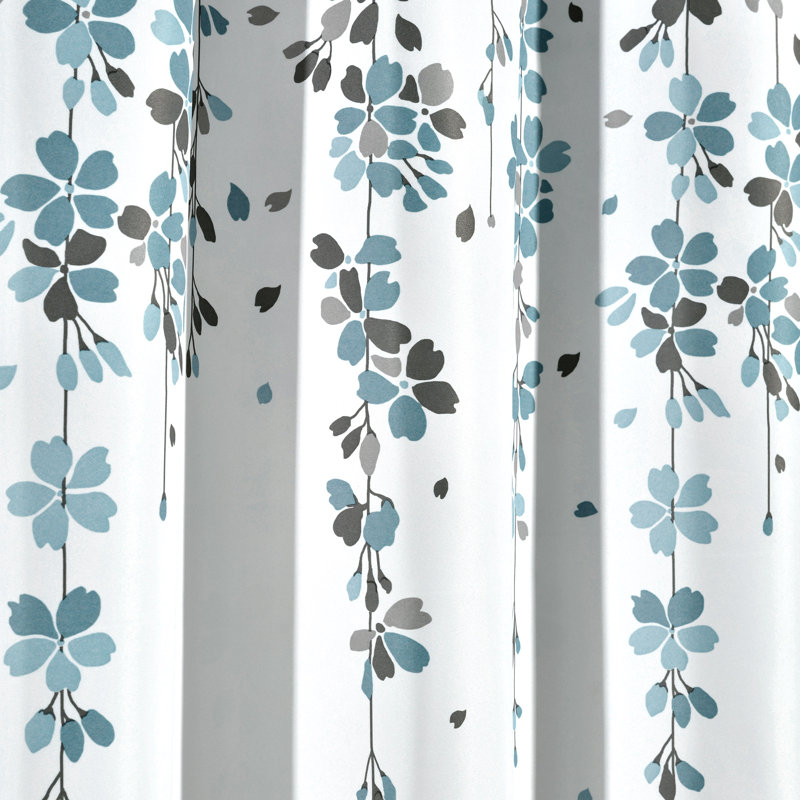 Blue Gray Floral Room Darkening Polyester Curtain Panels, Set of 2