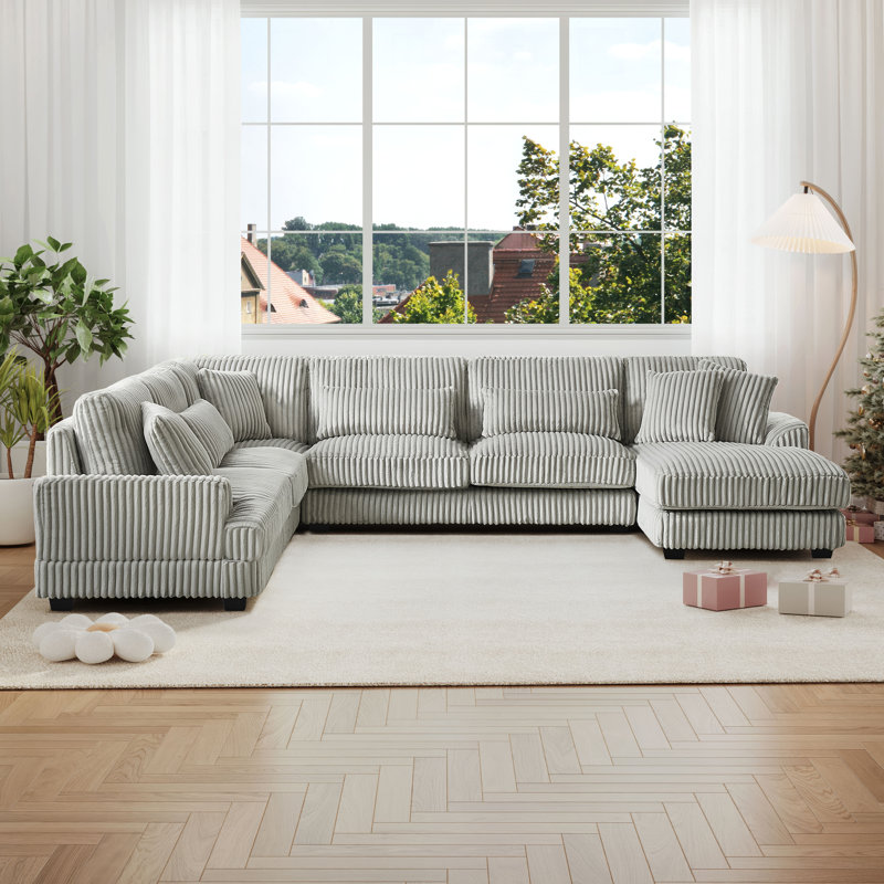 Oversized U-shaped Sectional Sofa, Modern Corduroy Upholstered Couch With Chaise Lounge, Gray Corduroy