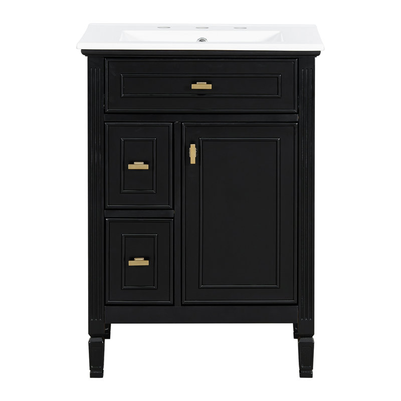 Meuble-lavabo de salle de bain avec lavabo, armoire en bois massif et panneau de fibres à densité moyenne avec un tiroir rabattable, deux tiroirs standard et une tablette réglable, meuble-lavabo autoportant pour le rangement de la salle de bain