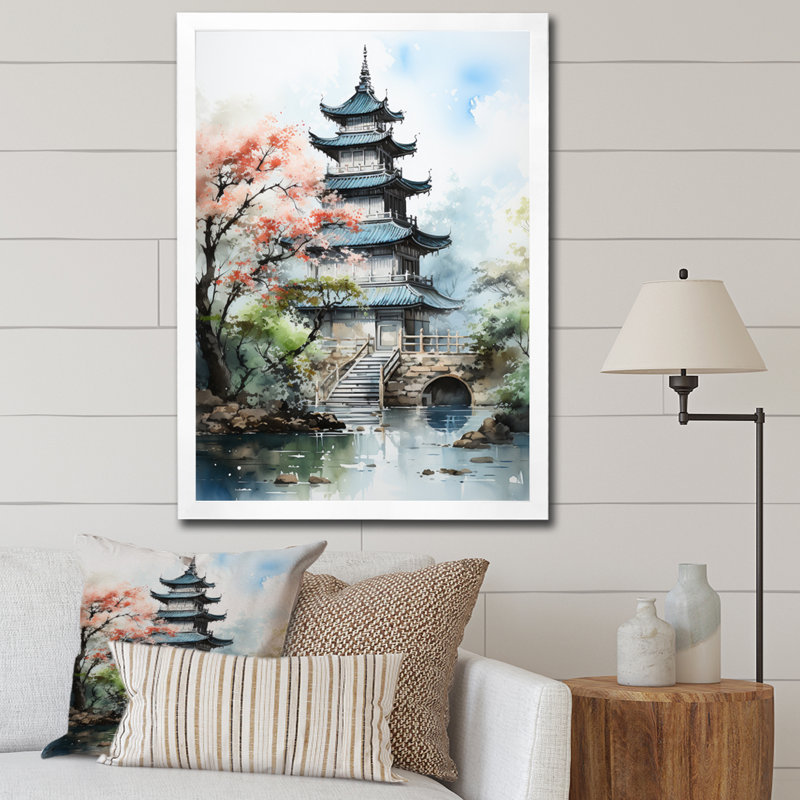 Tasheem Asian Art Serene Pagoda III - Print on Canvas, White Picture Framed Canvas, 32" H x 24" W x 1" D