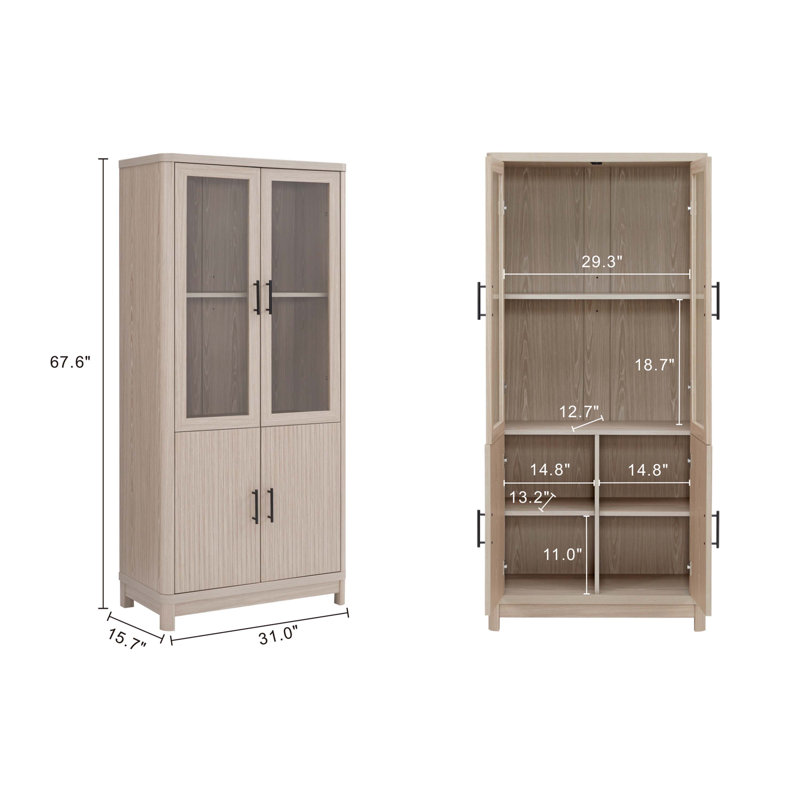 Cabbar Bookcase with Adjustable Shelves and Tempered Glass Doors in (Set of 2), White Washed Oak