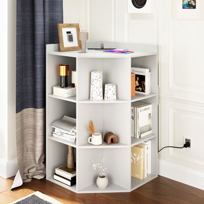 Bibliothèque d'angle unique - Organisateur de livres en bois peu encombrant avec station de charge, étagères à livres modernes pour la chambre à coucher