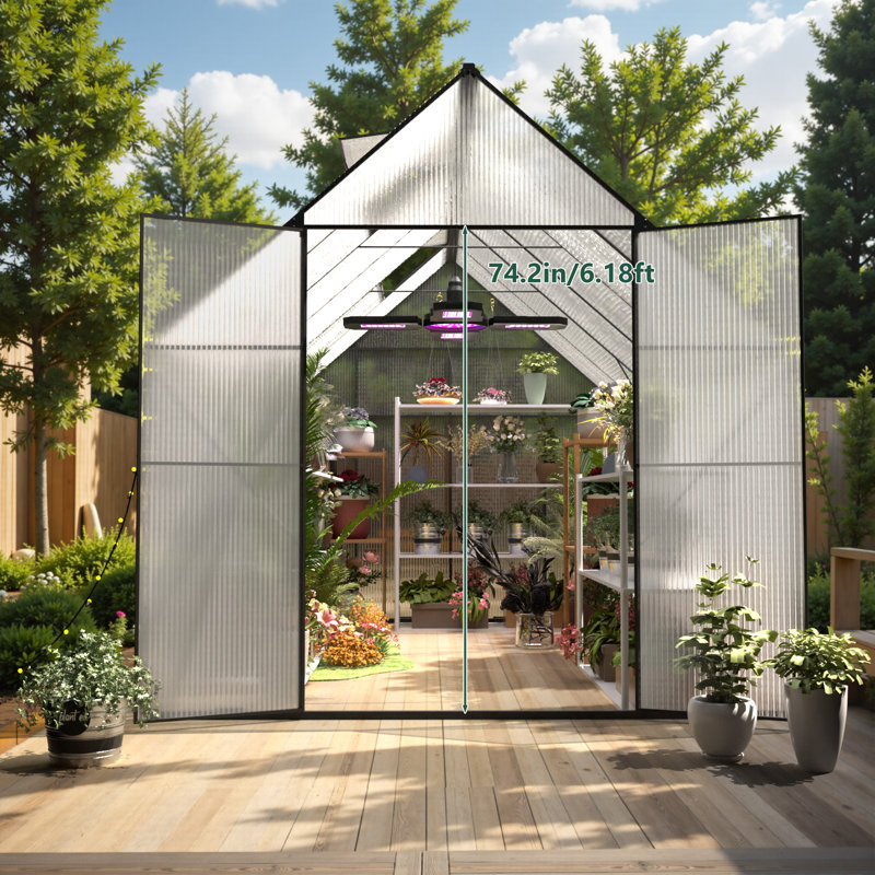 10x10 FT Walk-In Polycarbonate Greenhouse With Ventilated Roof, 97.24" H x 118.11" W x 118.11" D