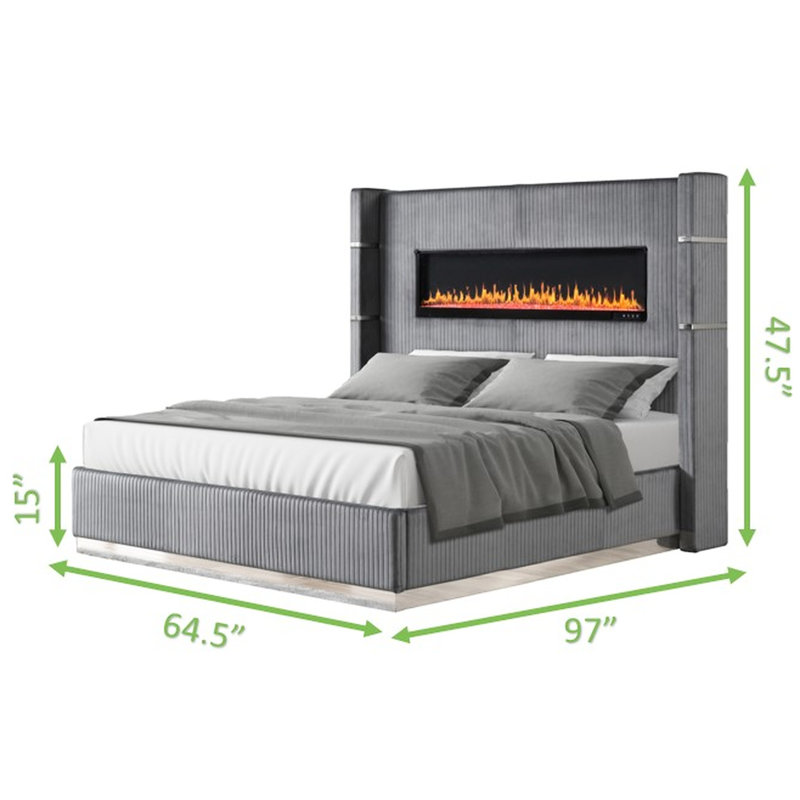 Grand lit double avec revêtement en velours et 2 ports de chaque côté avec foyer électrique rembourré gris