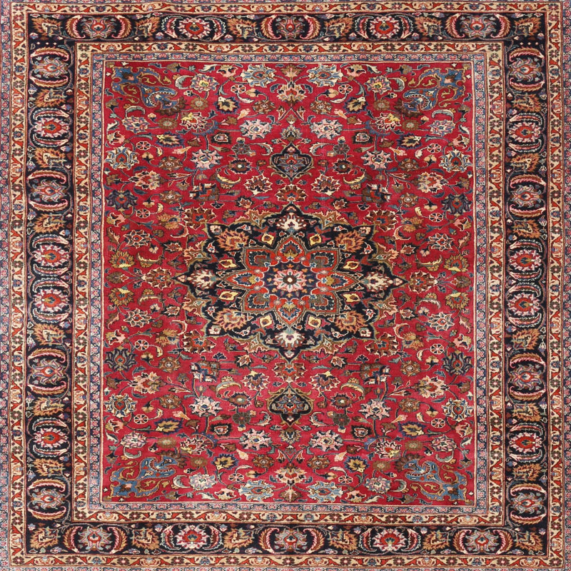 Rouge oriental/noir/Tapis décoratif bleu, Carré 6 pi