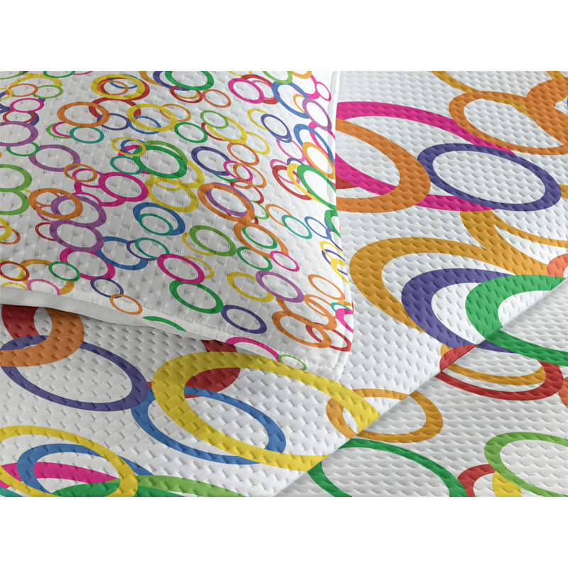 King Size White Quilted Bedspread Set with Colorful Circles