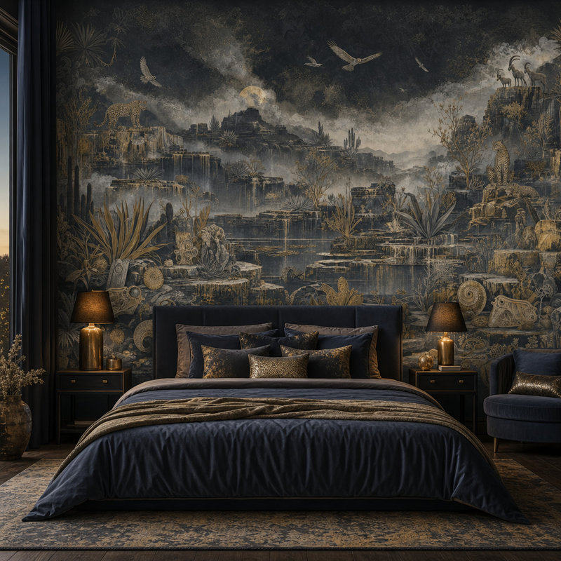 Papier peint paysage de nuit avec illustration gravée des falaises du Canyon, 200"x120", Textured Non-Pasted