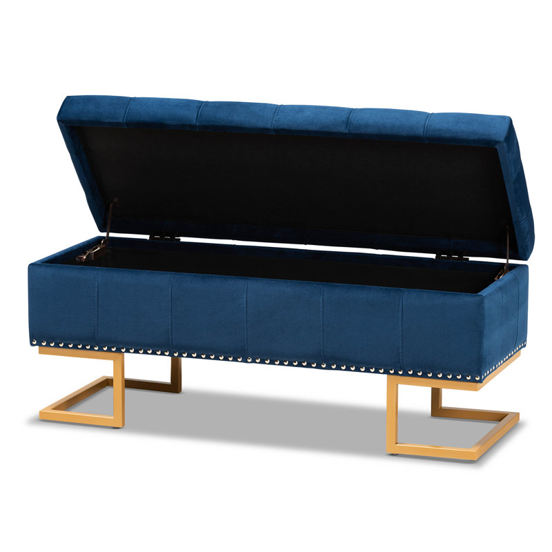 Velvet Tufted Rectangle Solid Colour Ottoman with Storage, Navy Blue