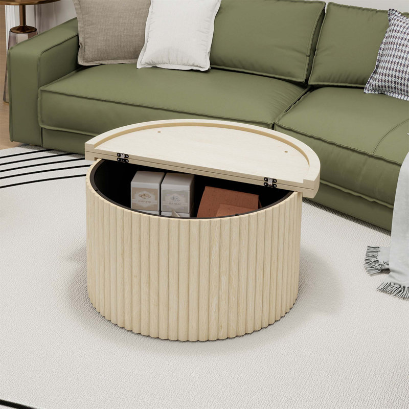 Table basse ronde avec plateau rabattable et pieds réglables, parfaite pour les salons et les appartements modernes, Naturel