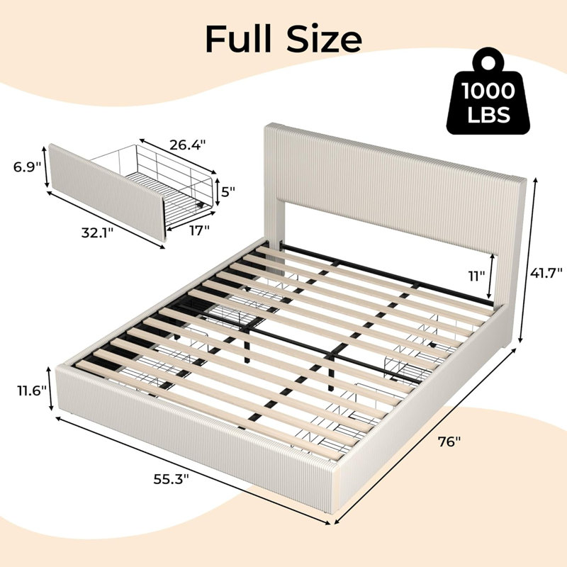 Bed Frame with Tufted Wingback Headboard, Platform Corduroy Upholstered Bed Frame with 4 Storage Drawers and Wooden Slats Support, No Box Spring Needed