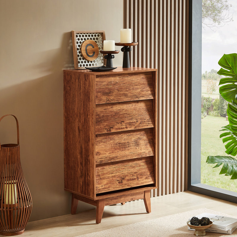 La commode double à 4 tiroirs présente un style rétro et un design biseauté