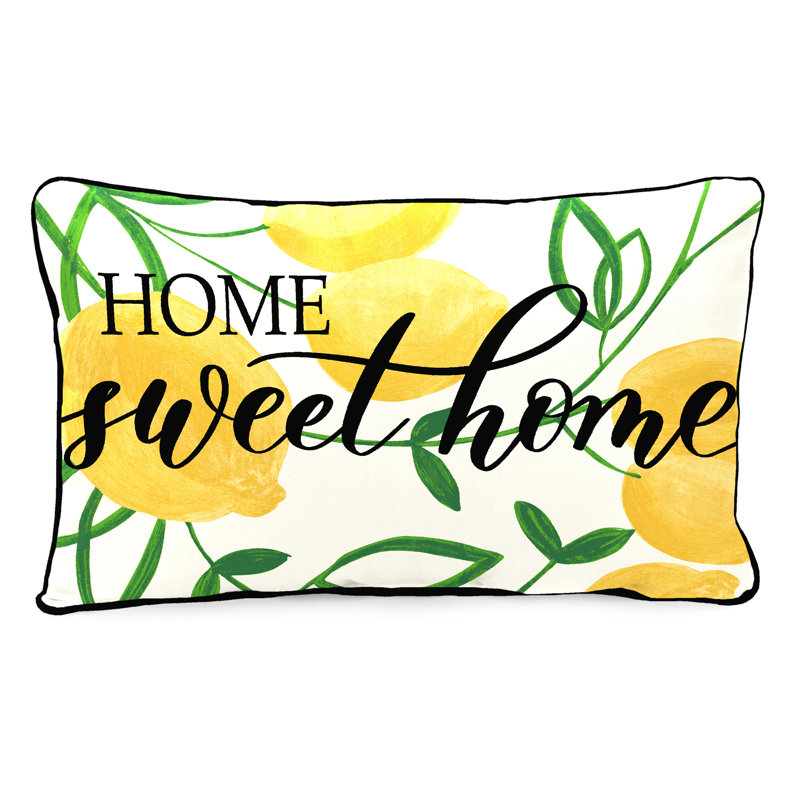 16" x 12" Outdoor Lumbar Throw Pillow with Welt, Green/Black/White/Yellow Home Sweet Home