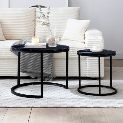 2 Round Black Coffee Tables With Marble Design, Functional In Living Room And Bedroom, Metal Composition Table Of 2, Top - Frame, Modern Practical For Different Areas