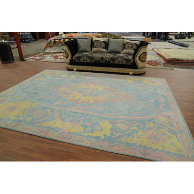 Tapis transitionnel floral fait à la main bleu 9 x 12 Oushak