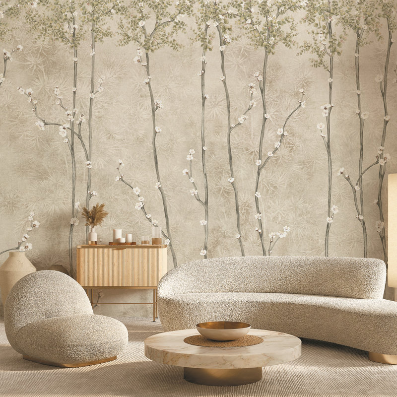 Élégante peinture murale cerisier en fleurs, L 44,04 po x l 81 po, Brun