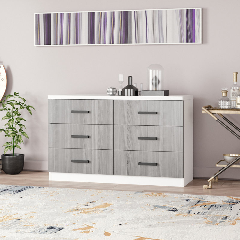 Commode 6 tiroirs Barstis, Blanc / gris