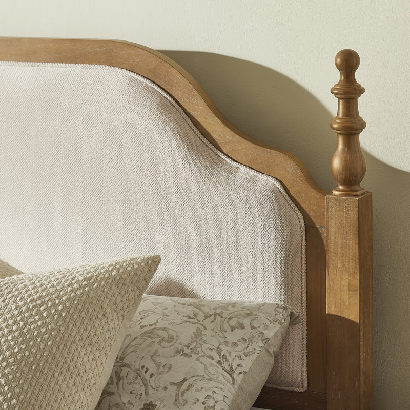 Ensemble de chambre à coucher en bois massif 3 pièces Abigale, structure de lit grand tapissier et 2 tables de chevet, brun clair