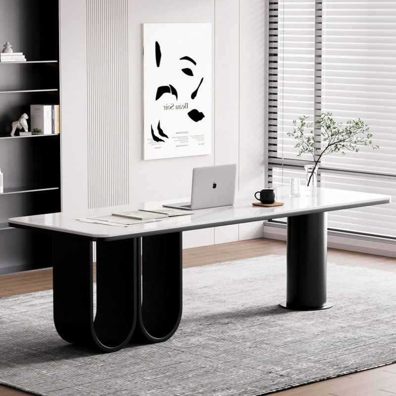 Bureau blanc + pierre frittée rectangulaire + bois massif + bureau en fer, H 29,53 po x l 94,49 po x P 31,5 po