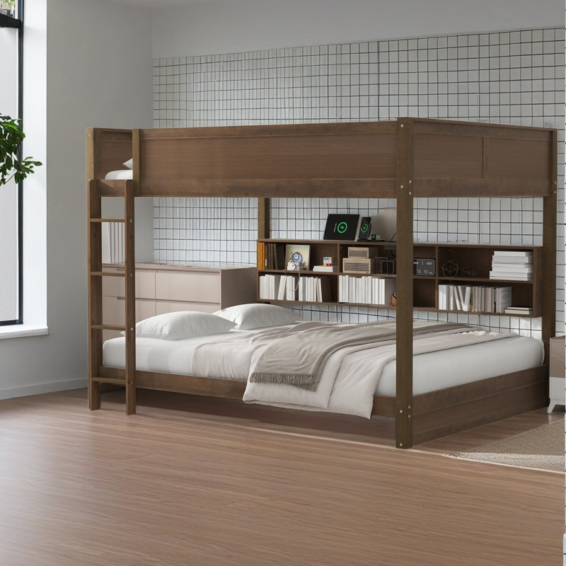 Lit superposé grand sur grand avec armoires de rangement et ports USB, Antique Wood