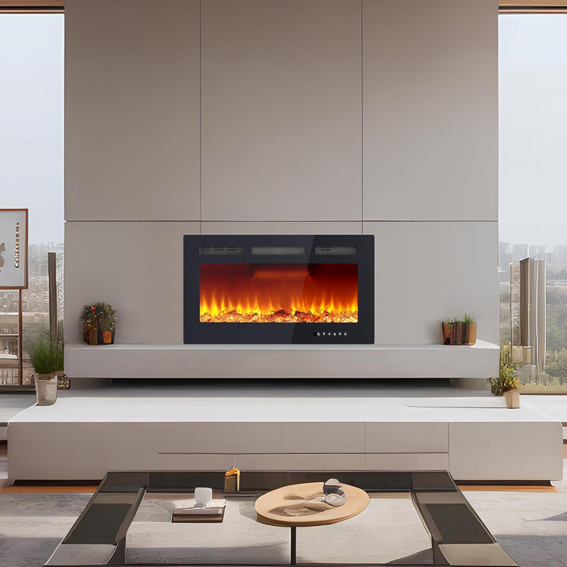 Foyer électrique mural de 30 pouces - Télécommande, fonctionnement silencieux, minuterie, écran tactile, 12 couleurs de flamme réglables et luminosité, chauffage 750 W / 1500 W