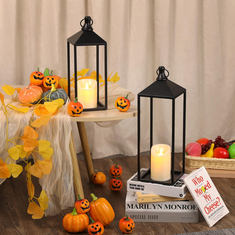 Lanterns Decorative Outdoor Indoor, Set Of 2 Black Vintage Lantern With LED Pillar Candle, Modern Farmhouse Lantern Decor For Room, Christmas Lanterns Decorative For Porch, Garden