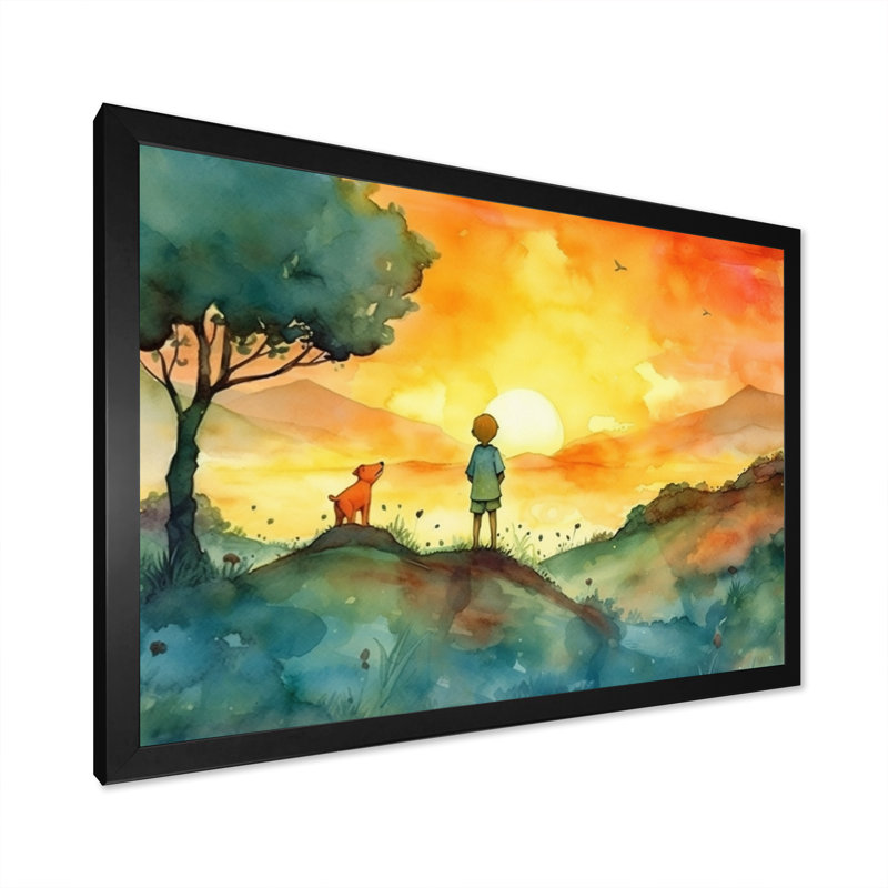 Children On A Farm III - Farm Landscape, reproduction d'art mural, Cadre photo noir, H 12 po x l 20 po