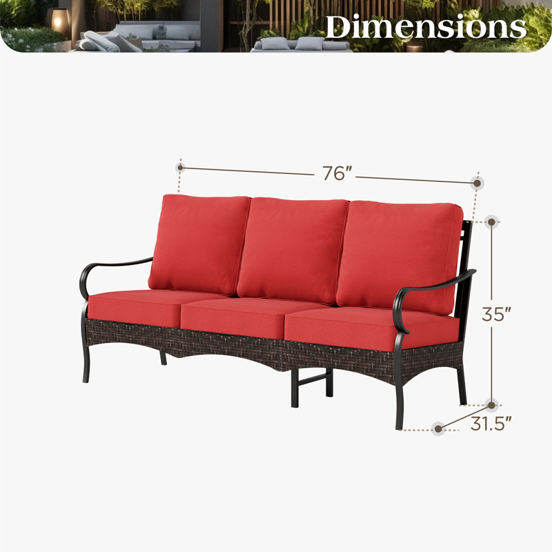 76'' Wide Metal Outdoor Patio Sofa with Cushions, Red