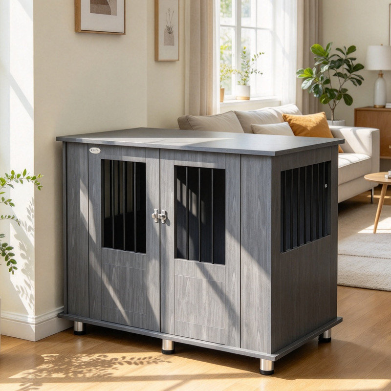 Grey Indoor Dog Crate Table for Medium and Large Dogs, Functional Pet Kennel with Secure Magnetic Door, 95 x 55 x 75 cm