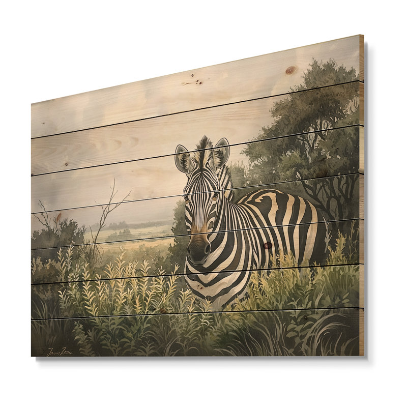Aquarelle Zebra Garden III - impression moderne en bois noir sur bois de pin naturel, H 10 po x l 20 po