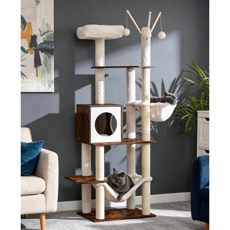 Arbre à chat 66,1 po en bois avec poteaux à griffer, hamacs et condo pour chats d'intérieur, Brun rustique