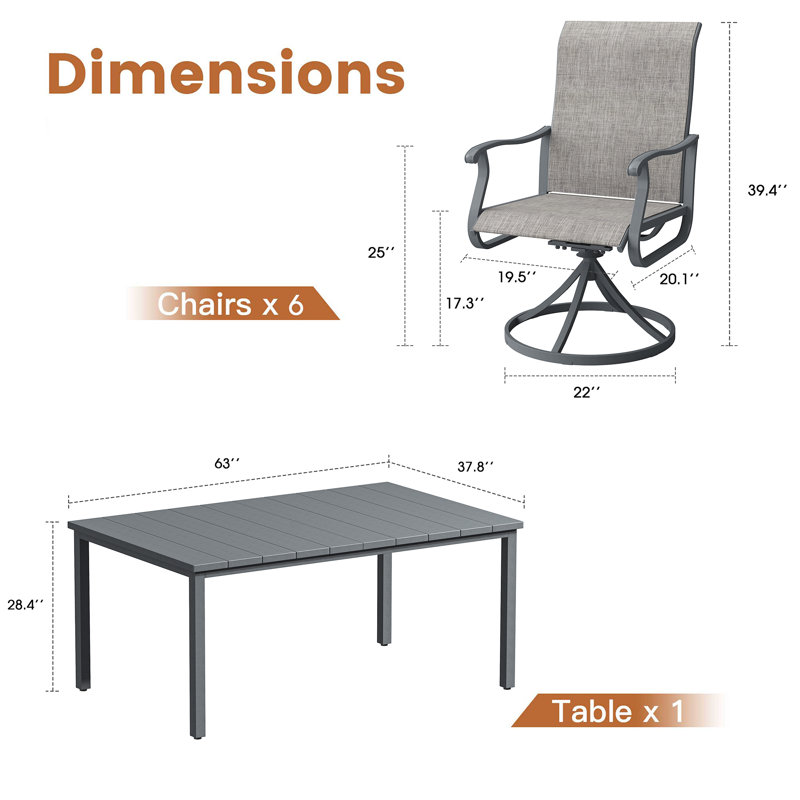 Ensemble repas pour 6 personnes avec table rectangulaire de L 63 po et chaises pivotantes en polyester enduit de PVC