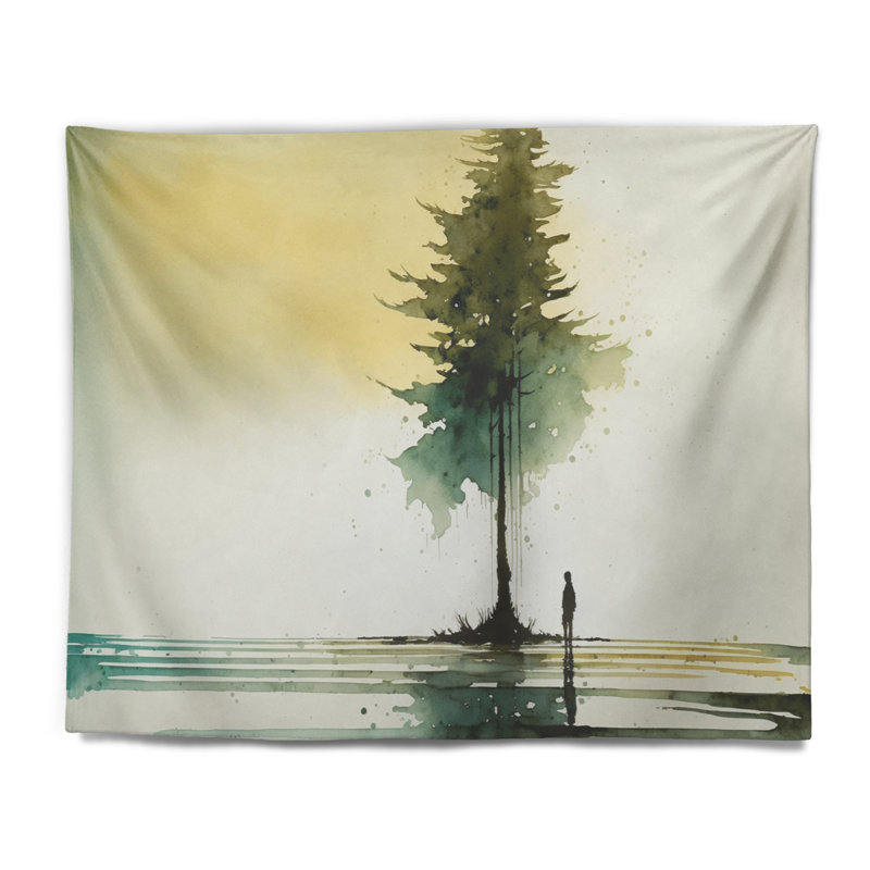 Polyester solitude aquarelle homme dans la forêt d'automne tapisserie V, H 32 po x l 39 po
