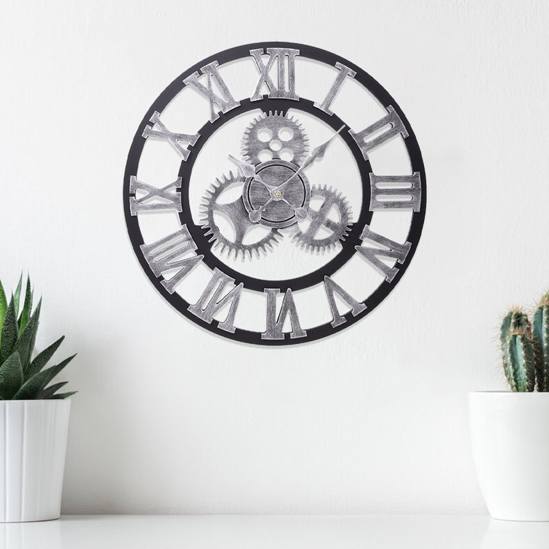 Abrahams 58cm Industrial Large Retro Silent Wall Clock for Home Decor, Silver