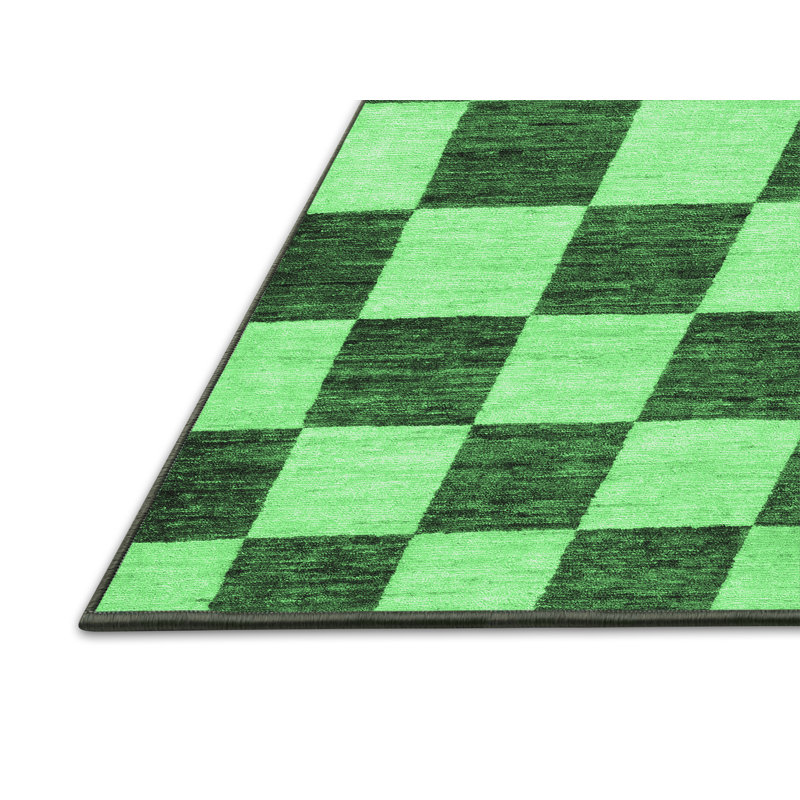 Tapis à carreaux en laine / polyester tissé à la machine en vert / vert foncé, Rectangle 3 pi x 5 pi