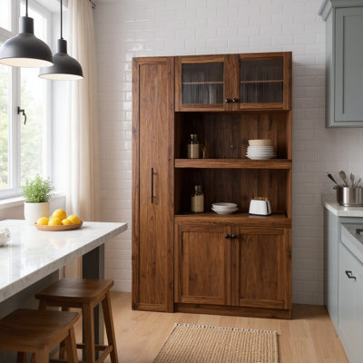 Farmhouse Kitchen China Cabinet with Expandable Pull-Out Organizer, Glass Doors & Multi-Tier Storage