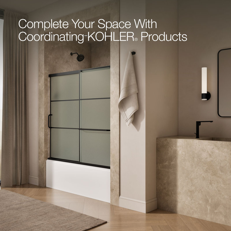 Elate Sliding Bath Door, 56-3/4-In H X 56-1/4 - 59-5/8-In W, With 1/4-In Thick Frosted Glass With Rectangular Grille Pattern