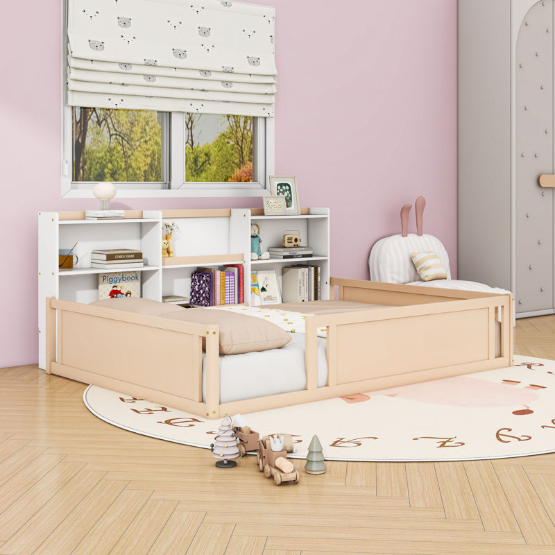 Lit en bois avec barrière de sécurité et tablettes, Lit double, Blanc nu