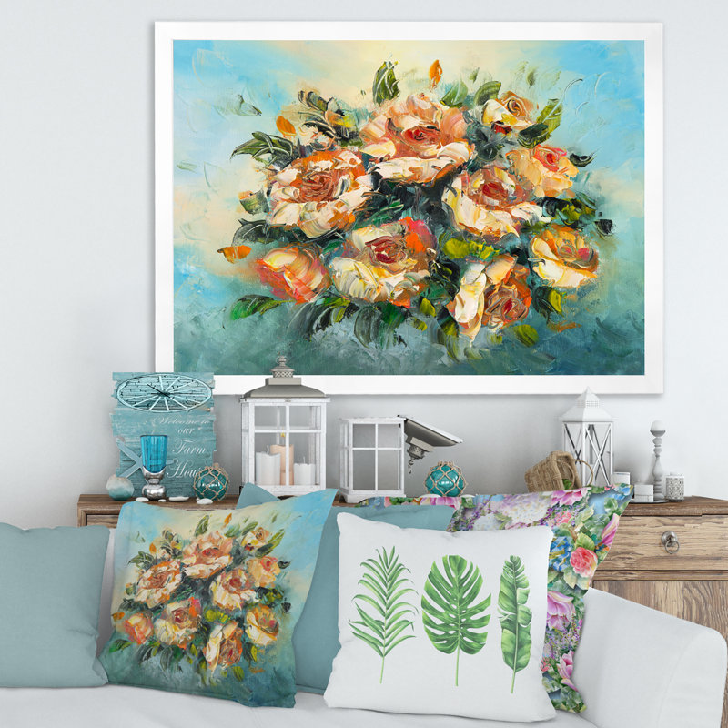 Bouquet de fleurs rétro rose foncé - peinture sur toile, H 16 po x l 32 po x p 1 po, Cadre photo blanc
