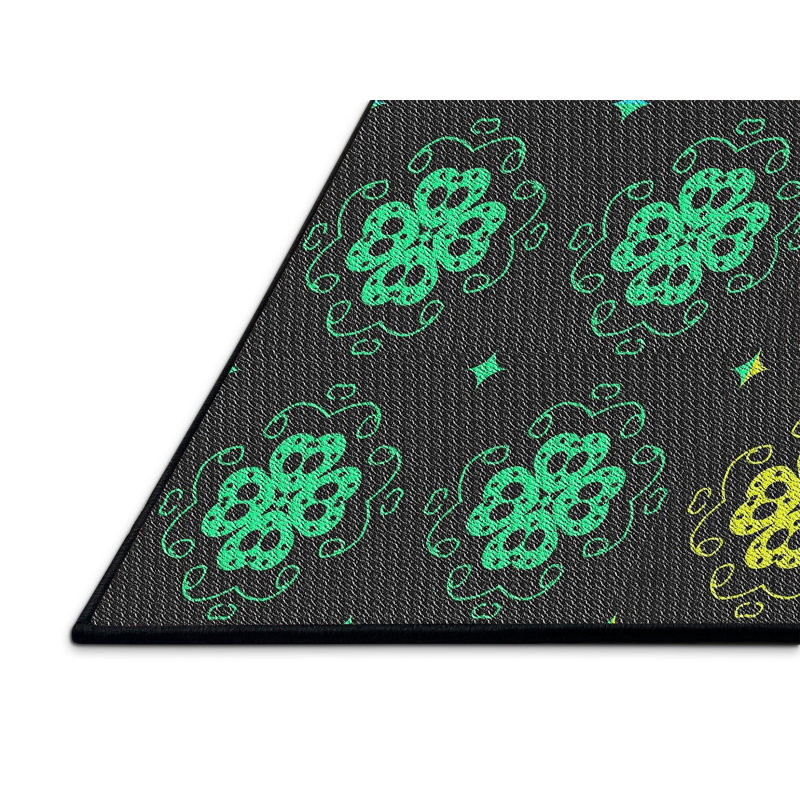 Rose floral/vert/Tapis décoratif noir, Rectangle 2 pi x 4 pi