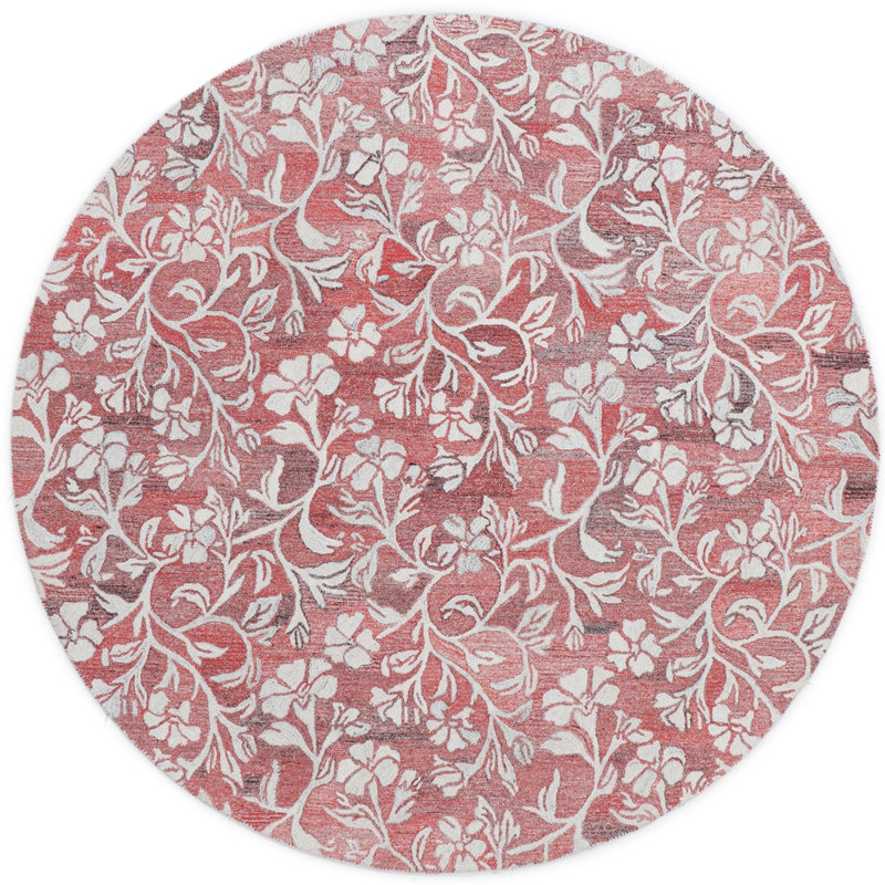 Tapis corail / ivoire en polyester touffeté à la main Florals Camellia, Rond 7 pi