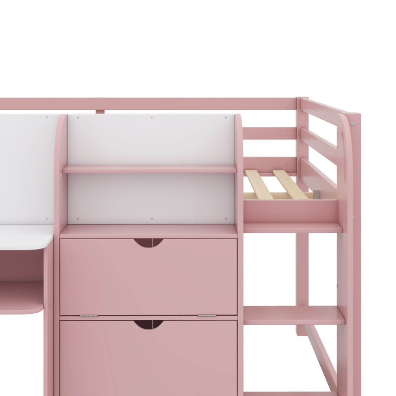 Lit mezzanine double avec bureau intégré, espaces de rangement, étagères à livres ouvertes et tableau blanc innovant, Rose