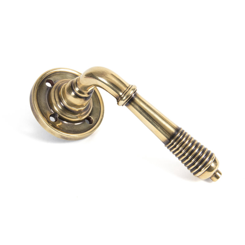 Reeded Latch Door Handle, Aged Brass