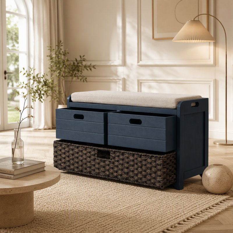 Banc de rangement avec panier amovible et 2 tiroirs, entièrement assemblé